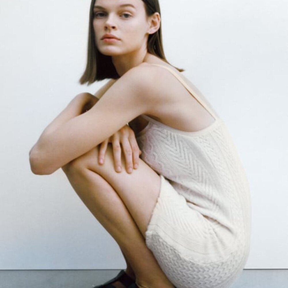 🤍 ZARA Cream Off-White Cable Knit Cami Sweater Mini Dress (DRESS ONLY)
